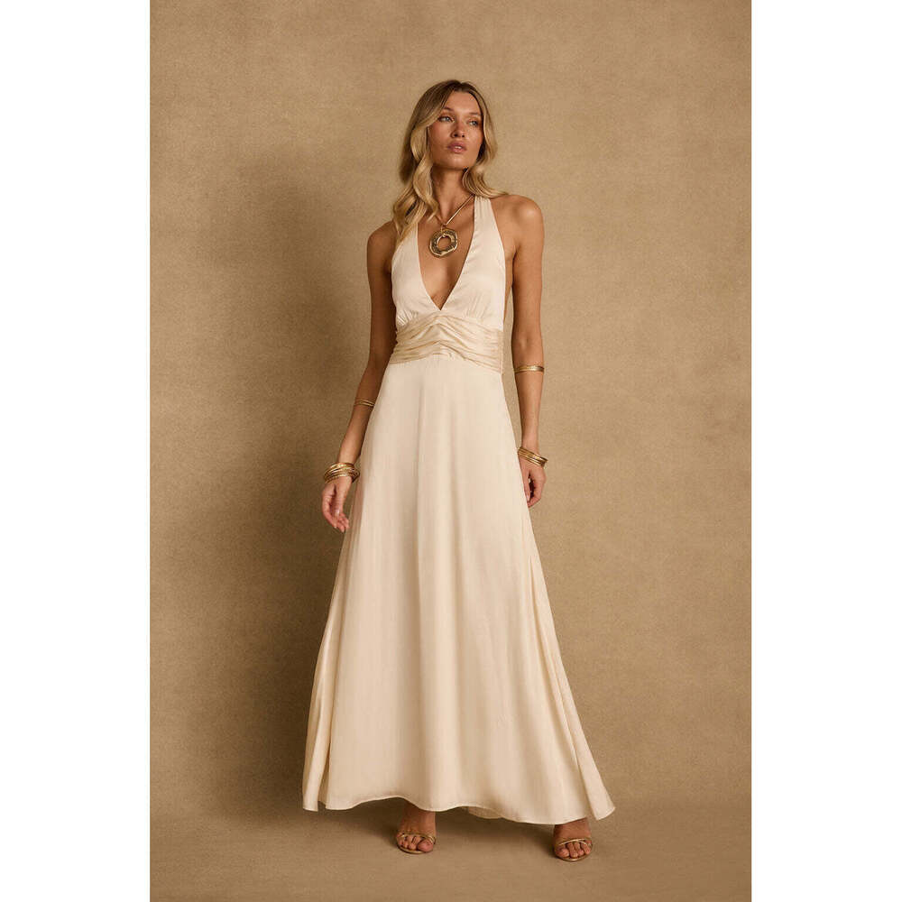 12th Tribe Inez Cream Satin Maxi Dress Size MM